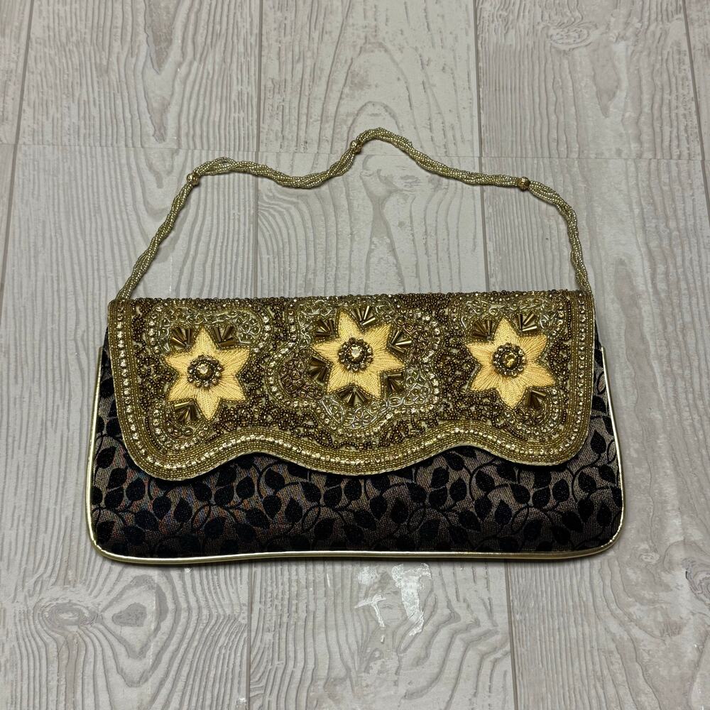 Pothys Jewellery Gold Beaded Evening Clutch Bag Black Floral Embellished Purse